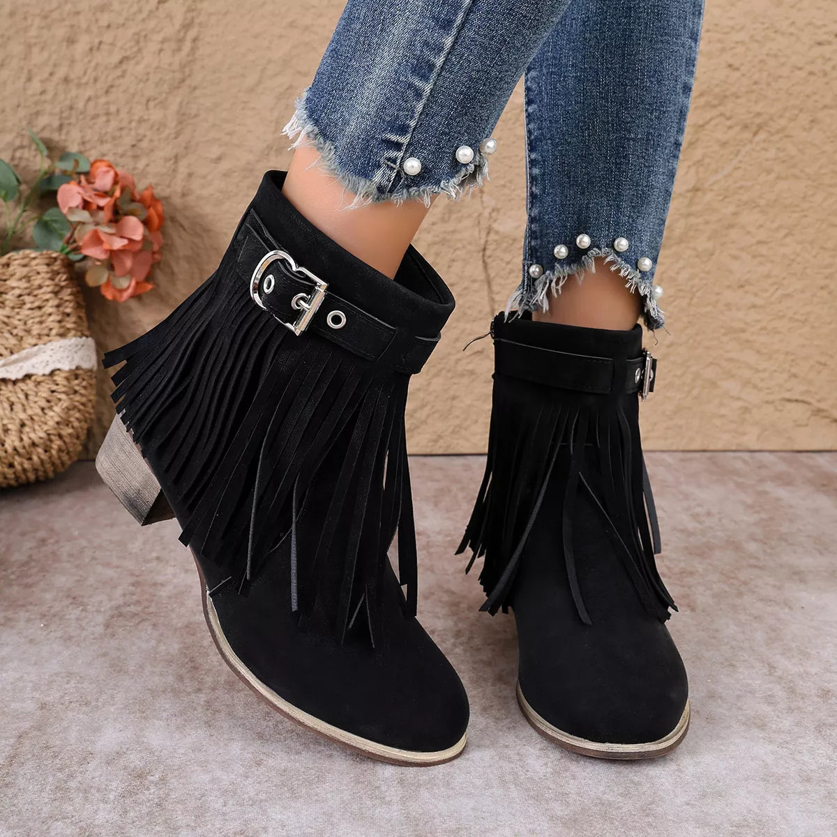 Fringe Ankle Boots with Buckle Detail - Black - View 1