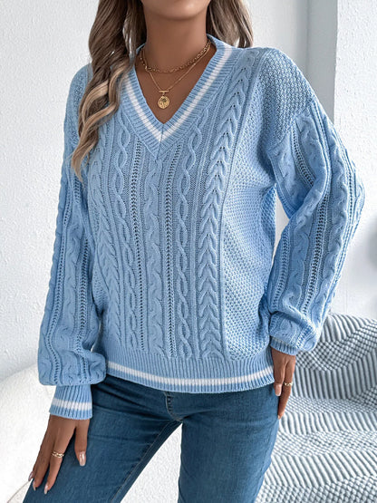 V-Neck Cable Knit Sweater with Striped Trim - Light Blue - View 5