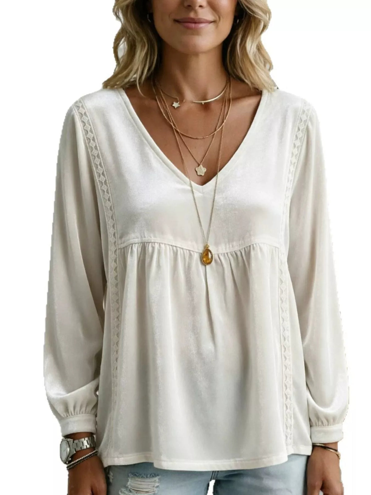 Full Size V-Neck Long Sleeve Velvet Blouse with Lace Trim Plus Size - White - View 1