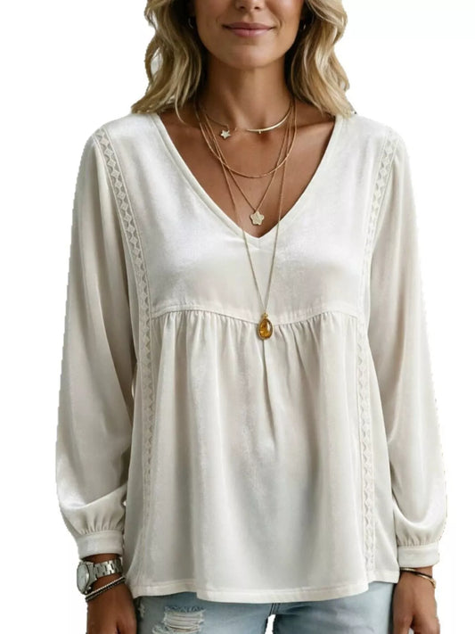 Full Size V-Neck Long Sleeve Velvet Blouse with Lace Trim Plus Size - White - View 1