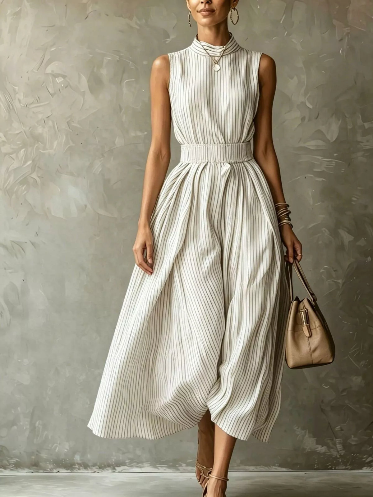 Striped Mock Neck Sleeveless Maxi Dress - White - View 1
