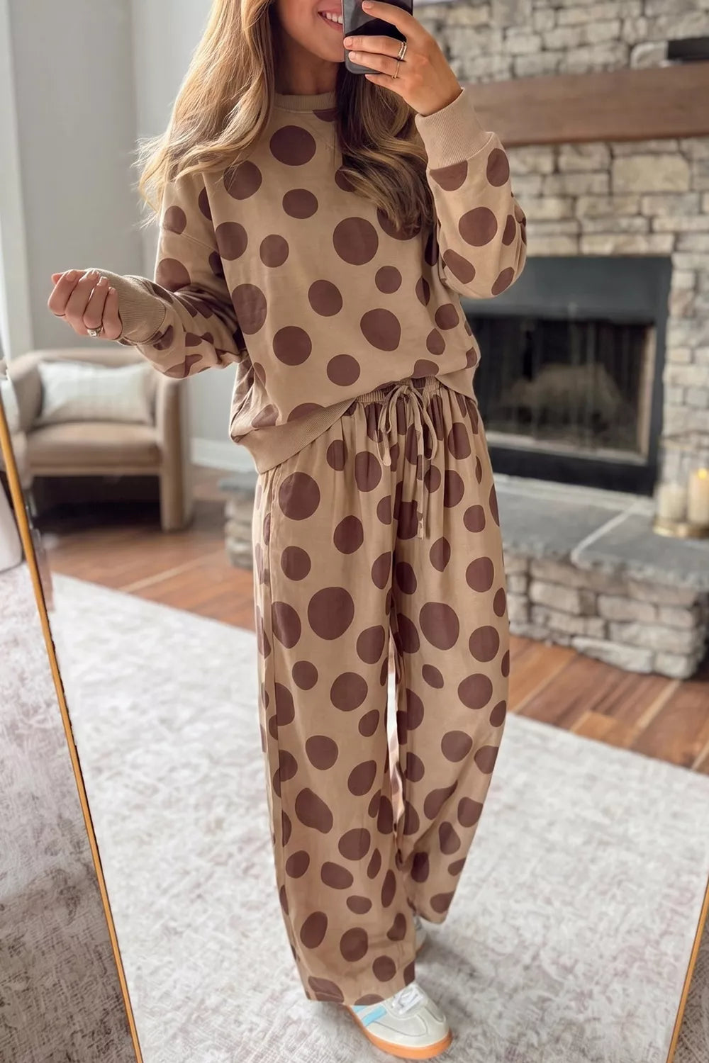 Polka Dot Top and Pants Two-Piece Set - Khaki - View 1