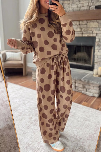 Polka Dot Top and Pants Two-Piece Set - Khaki - View 1