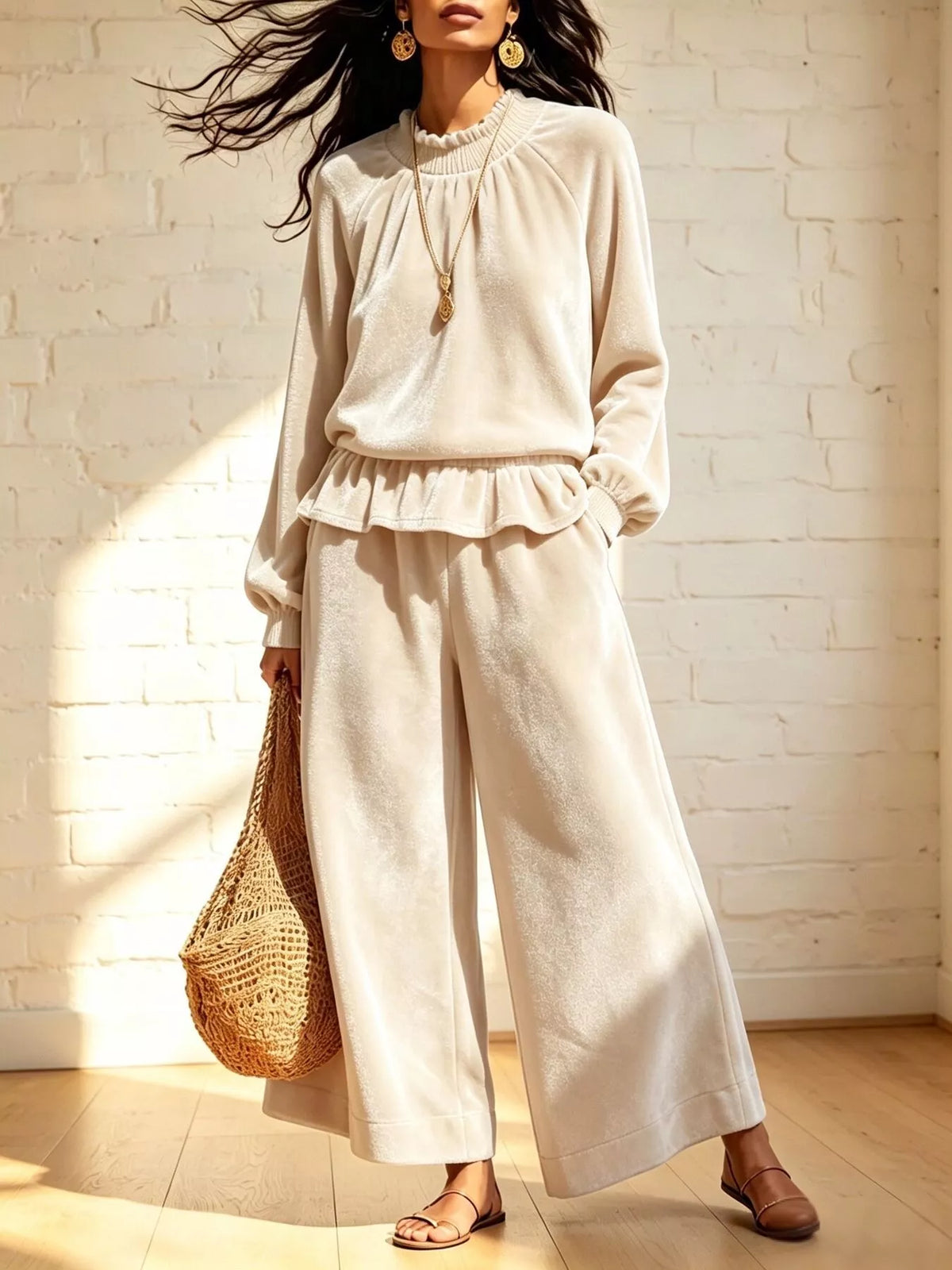 Velvet Peplum Top and Wide-Leg Pants Set - All Colors - View 1