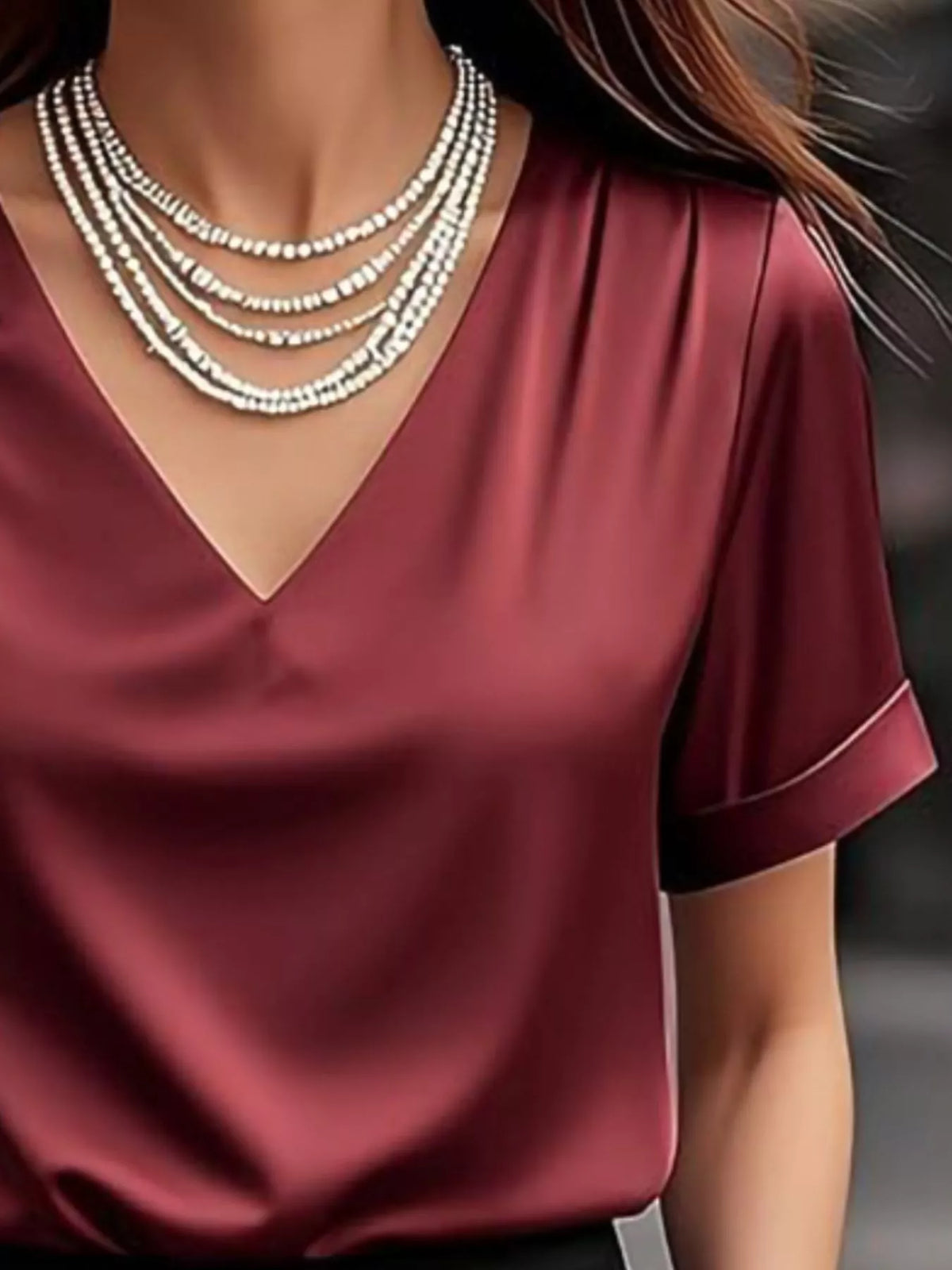 Elegant V-Neck Short Sleeve Ruched Top - Burgundy - View 9