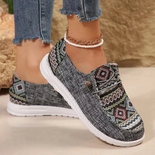 Geometric Round Toe Flat Slip-Ons - Gray - View 2