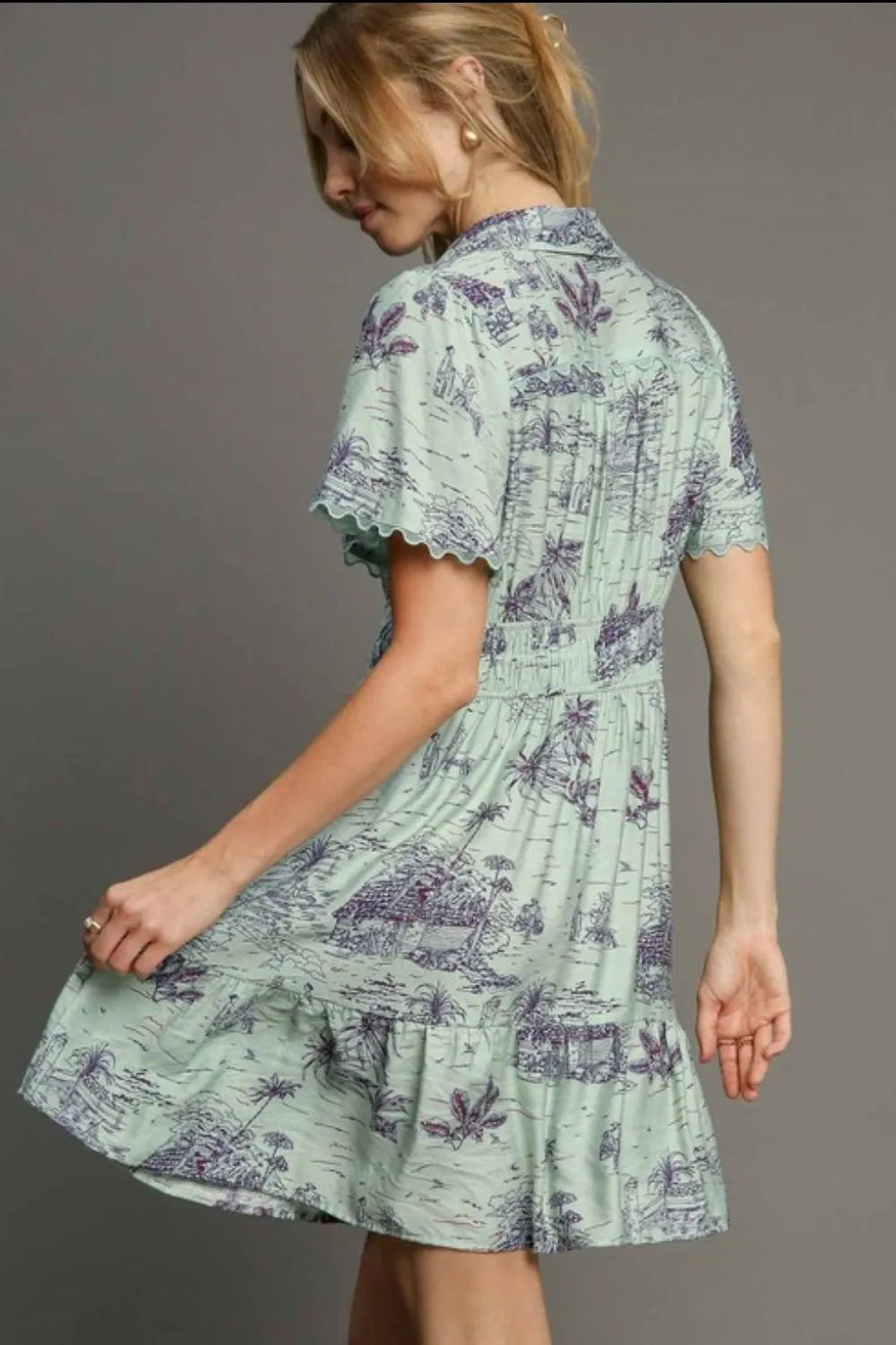 Umgee Full Size Landscape Print Collared Mini Dress Plus Size - Light Green - View 2