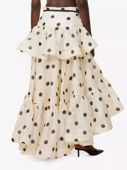 Polka Dot Tiered Ruffle Skirt - Beige - View 3