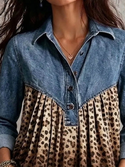 Full Size Leopard Button Detail Blouse Plus Size - Light Blue - View 2