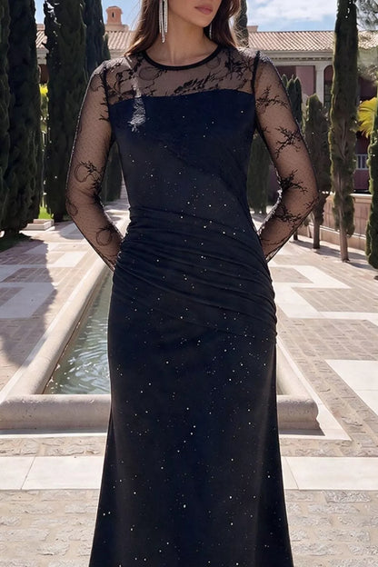 Glitter Mesh Long Sleeve Maxi Dress - Black - View 6