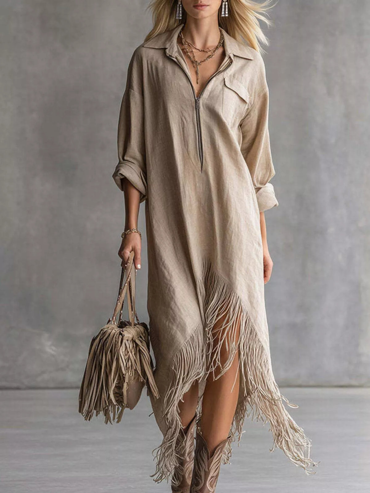Zipper-Front Fringe Hem Midi Dress - Khaki - View 1