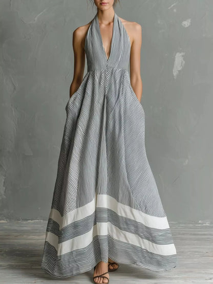 Full Size Striped Halter Neck Maxi Dress with Pockets Plus Size - Light Gray - View 1