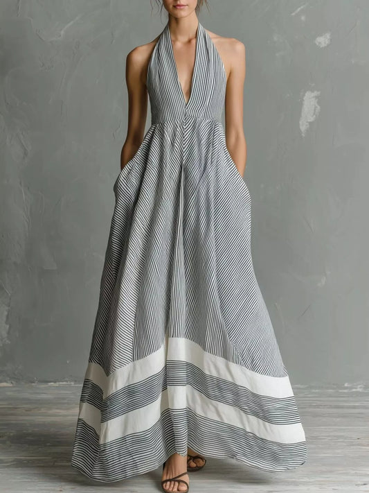 Full Size Striped Halter Neck Maxi Dress with Pockets Plus Size - Light Gray - View 1