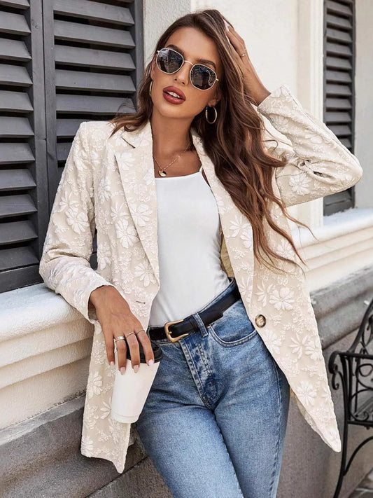 Floral Jacquard One Button Long Sleeve Blazer - Eggshell - View 2