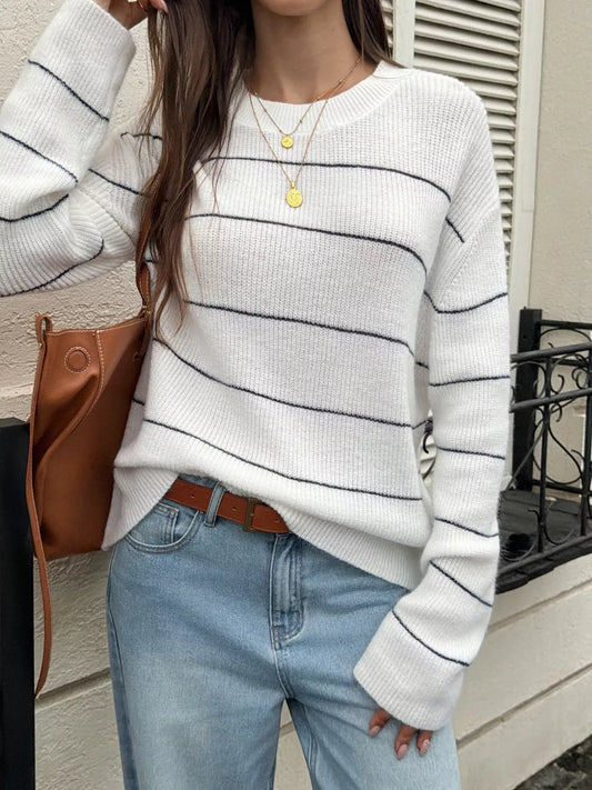 Striped Crew Neck Dropped Shoulder Sweater - White - View 1