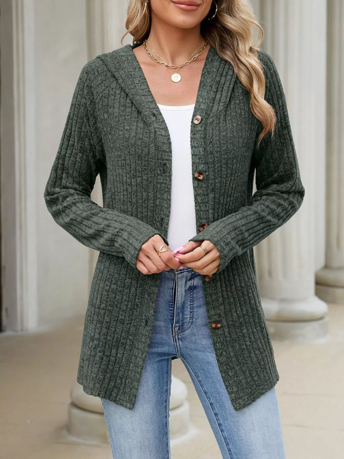 Ribbed Knit Hooded Button-Down Cardigan - Army Green - View 6