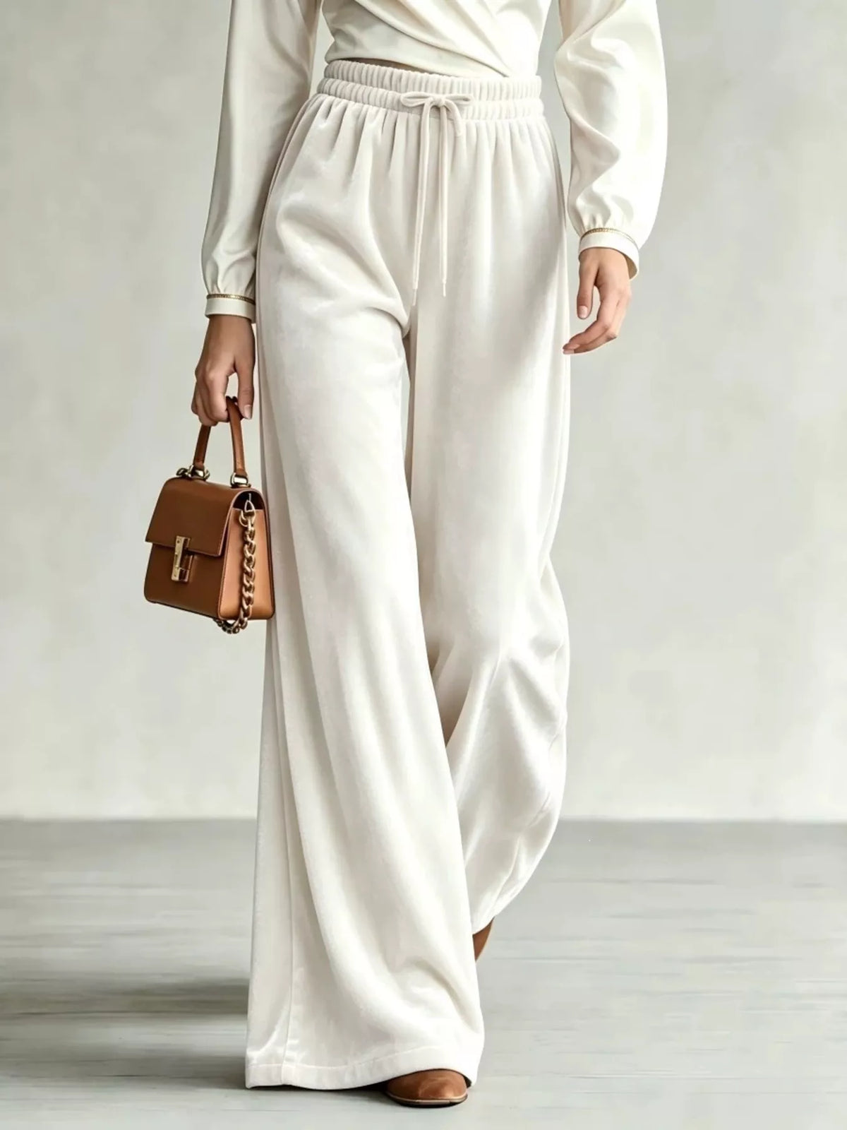 Velvet Wide-Leg Pants with Drawstring - White - View 1