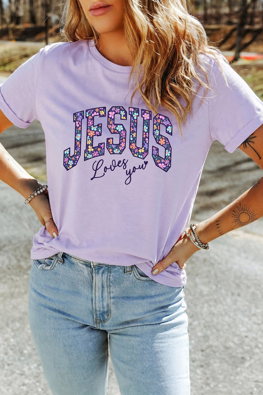 Orchid Petal Christian Floral Letter Graphic Round Neck T Shirt - Orchid Petal - 2