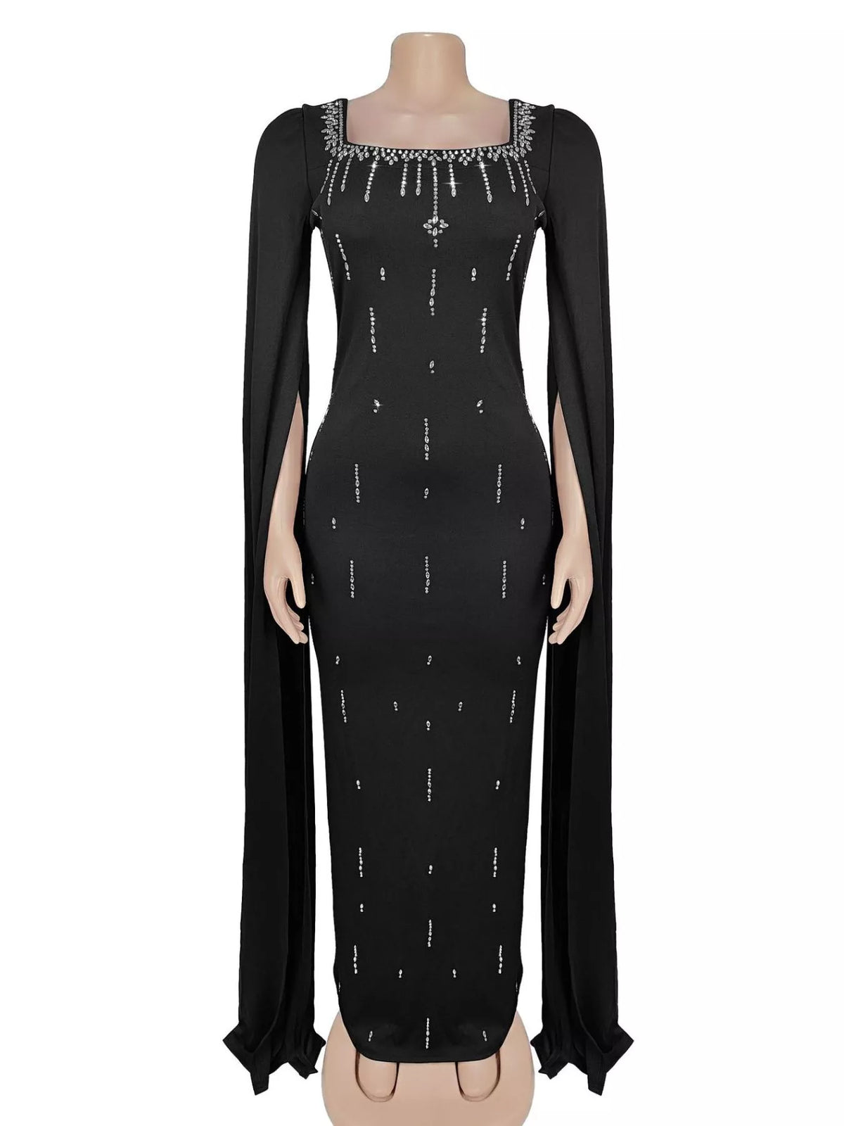Rhinestone Square Neck Slit Sleeve Maxi Dress - Black - View 3
