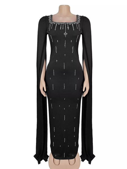 Rhinestone Square Neck Slit Sleeve Maxi Dress - Black - View 3