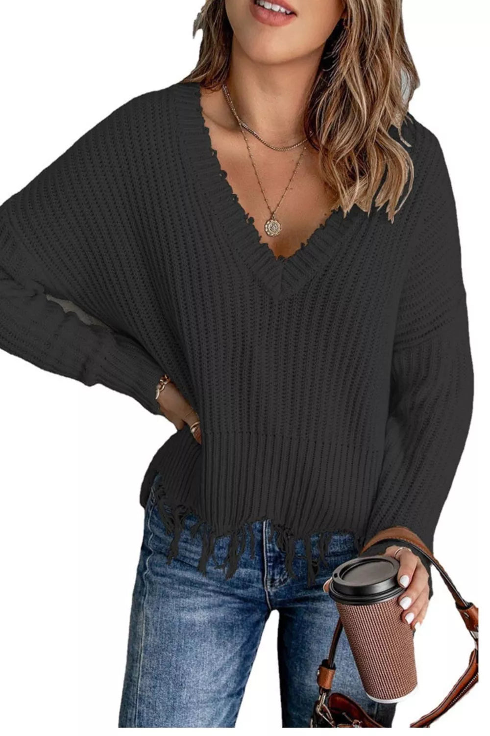 Full Size Raw Hem V-Neck Sweater Plus Size - Black - View 1