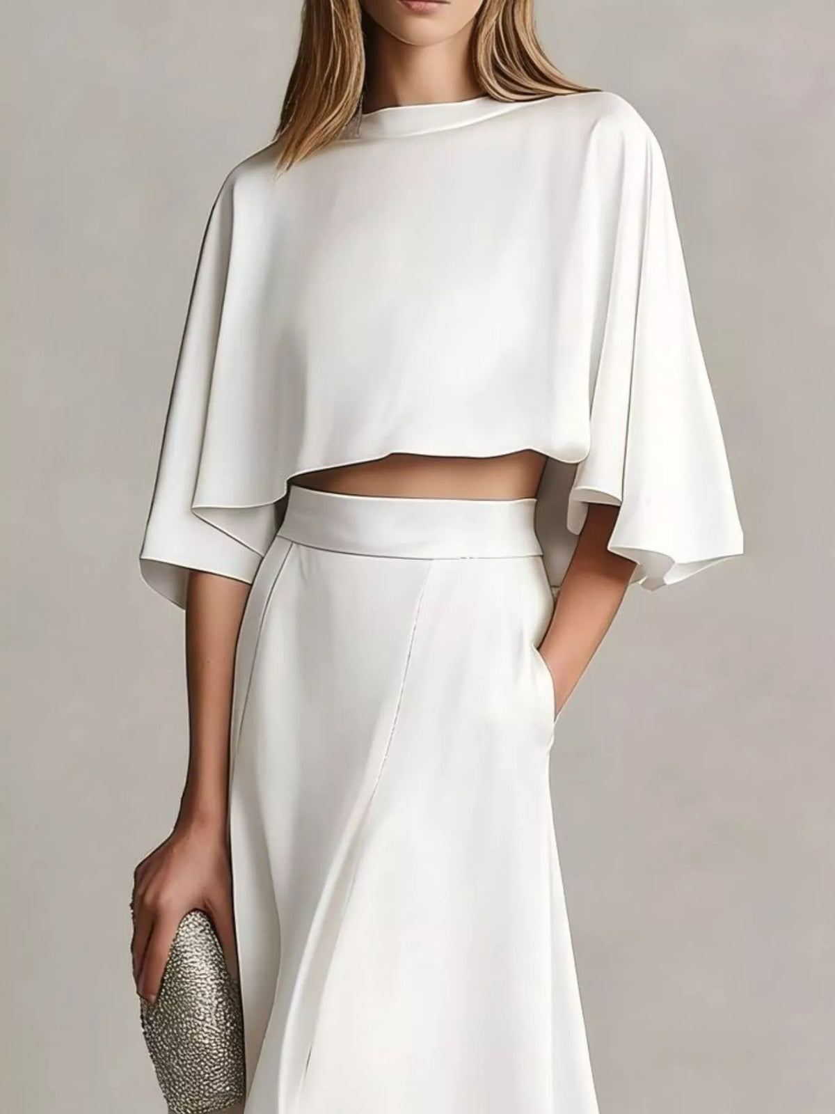 Full Size Satin Crop Top and Maxi Skirt Two-Piece Set Plus Size - White - View 2