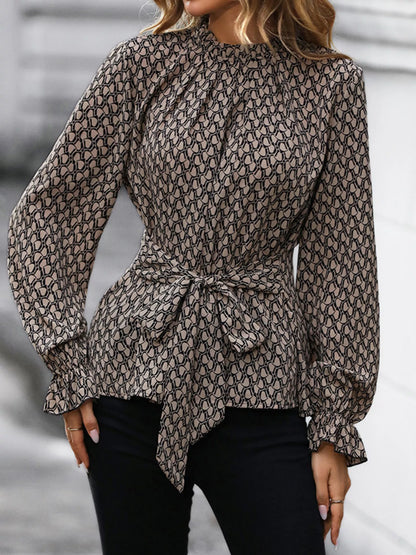 Printed Tie-Waist Flounce Sleeve Blouse - Khaki - View 5