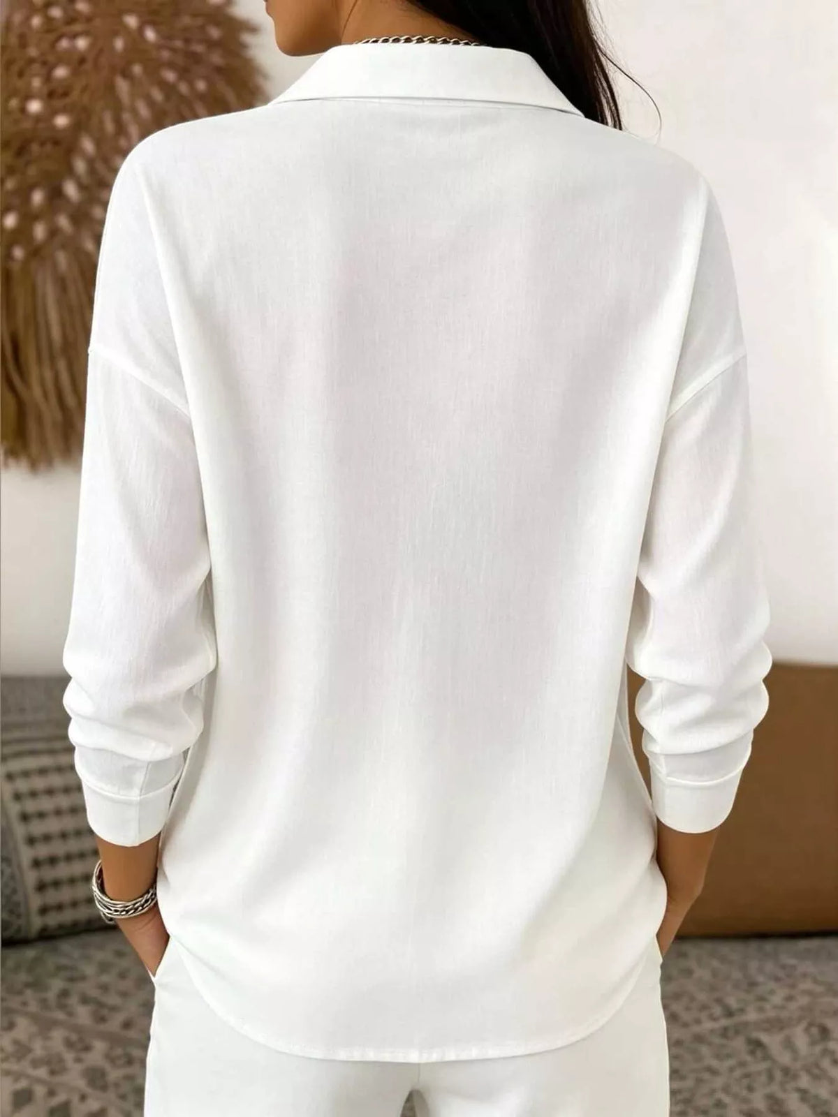 Waffle Knit Snap Down Blouse - White - View 8
