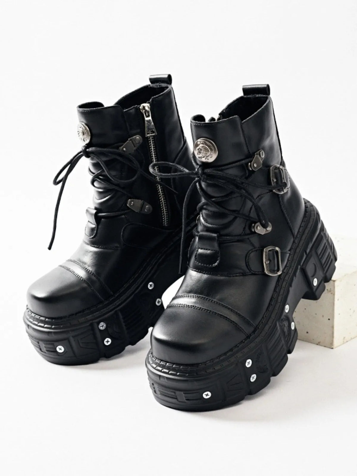 Lace Up Platform Boots - Black - View 1