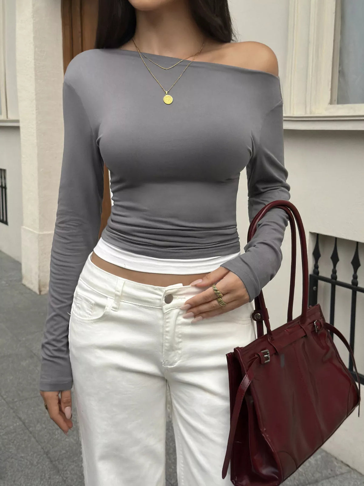 One Shoulder Slim Fit Long Sleeve T-Shirt - Stone Gray - View 3