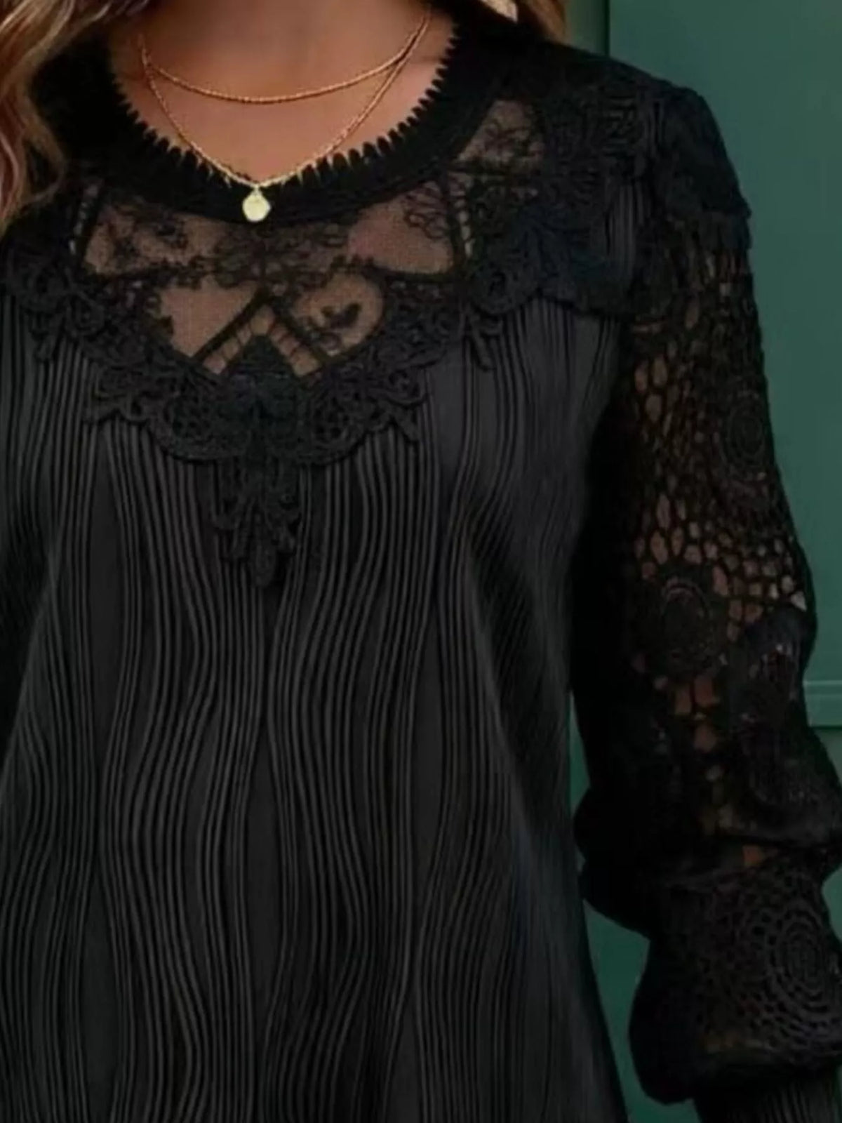 Lace Patchwork Long Sleeve Blouse - Black - View 2