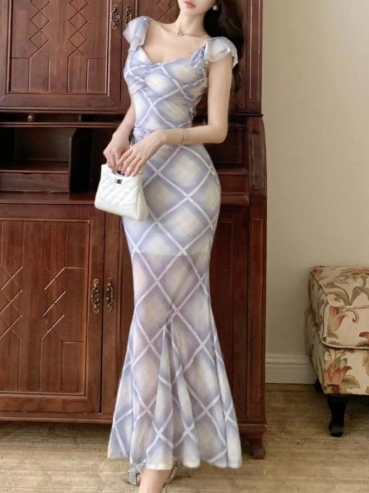 Plaid Ruffle Cap Sleeve Bodycon Maxi Dress - Blue - View 14
