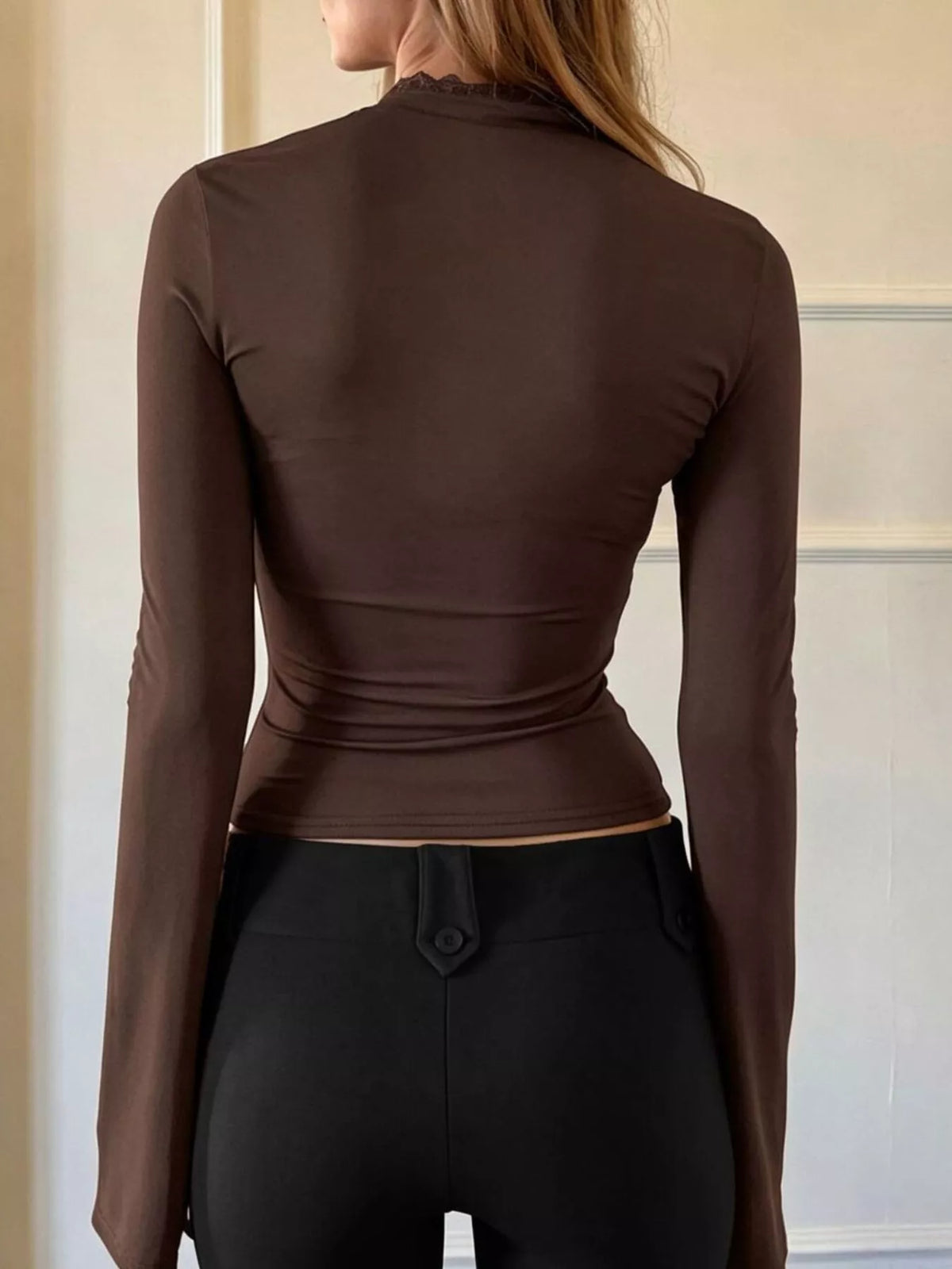 Lace-Trimmed Keyhole Long Sleeve T-Shirt - Coffee Brown - View 2