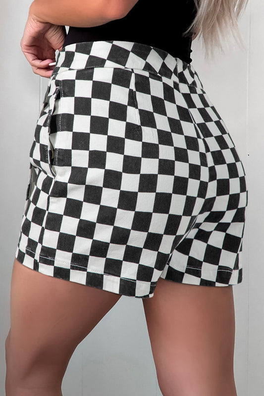 Black Checkered Print Overlap Denim Shorts - Black - 2
