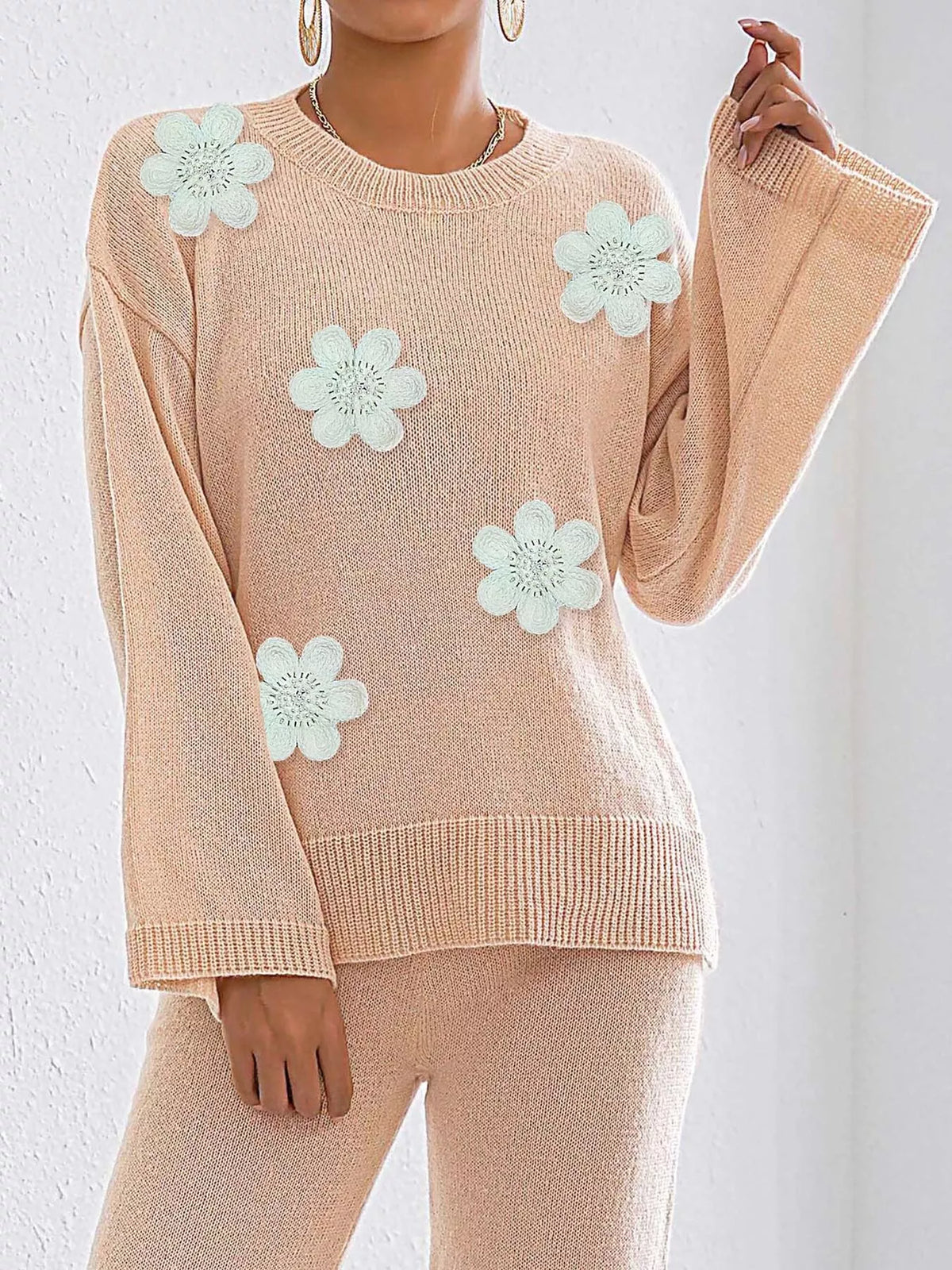 Floral Applique Crew Neck Sweater - Khaki - View 3