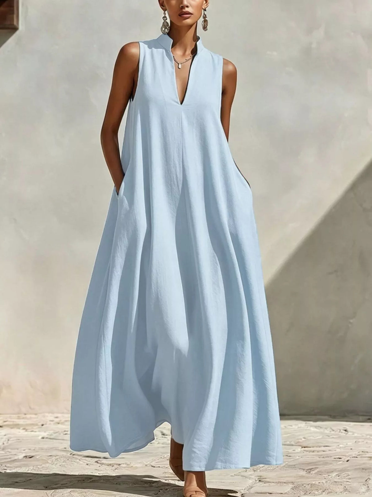 Sleeveless Maxi Dress with Side Pockets - Light Blue - View 1