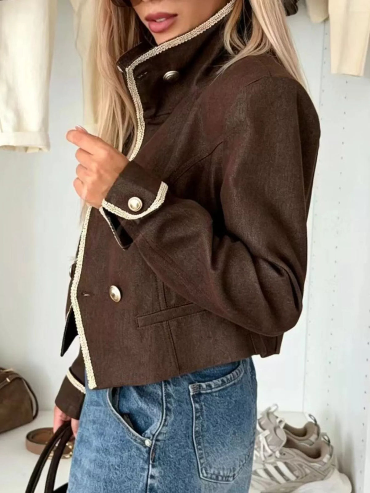 Double-Breasted Cropped Jacket - Brown - View 3