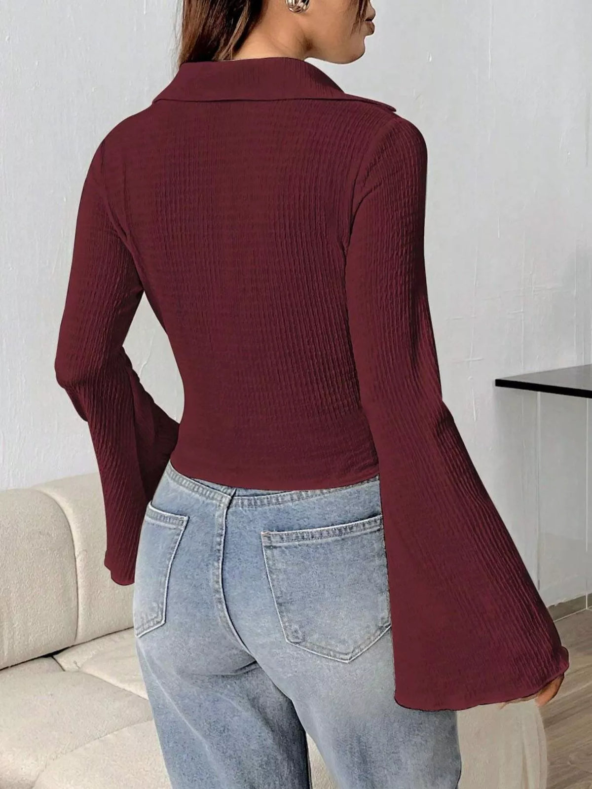 Button Up Flare Sleeve Shirt - Burgundy - View 28