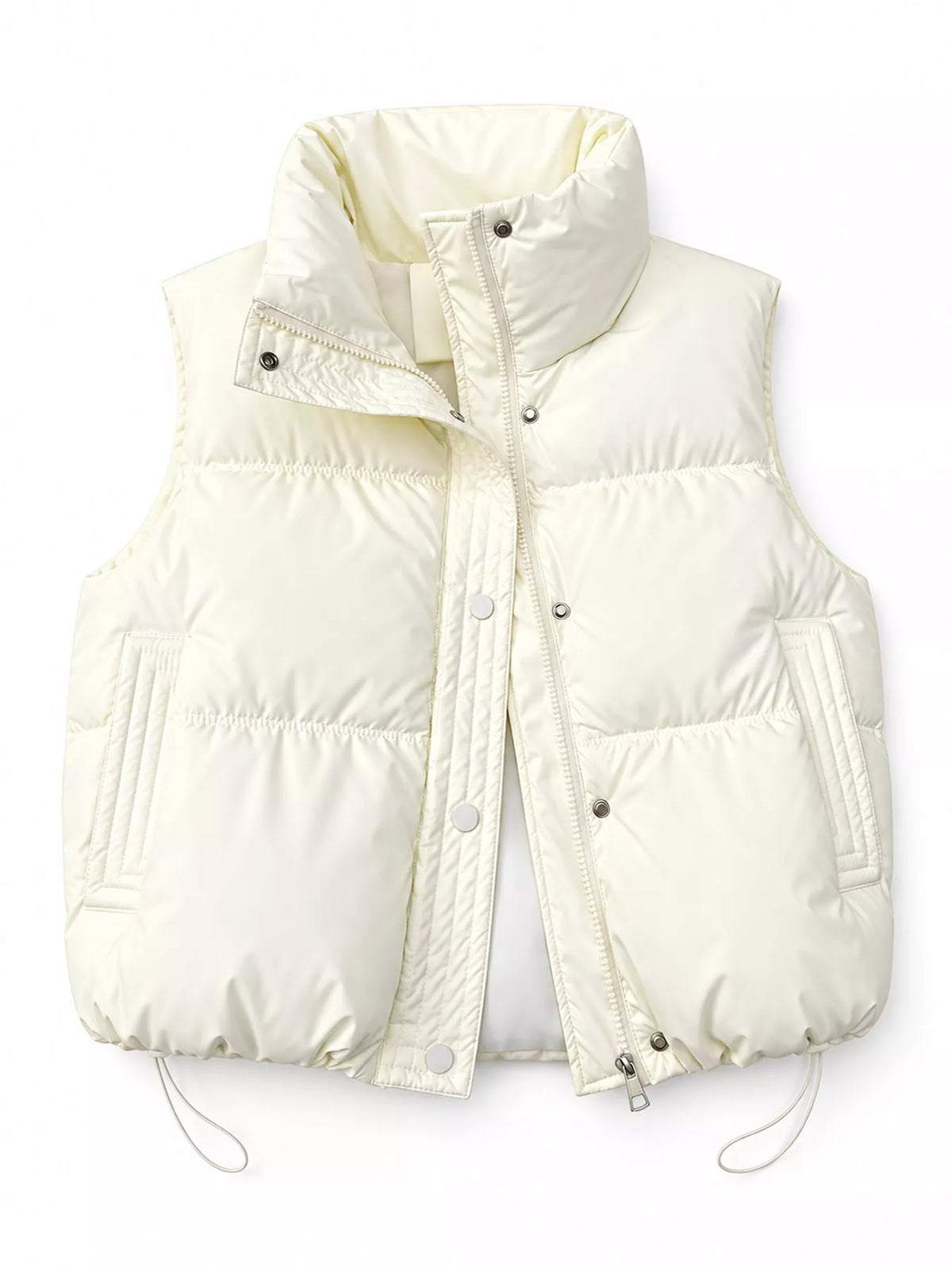 Drawstring Snap Down Puffer Vest Coat - White - View 11