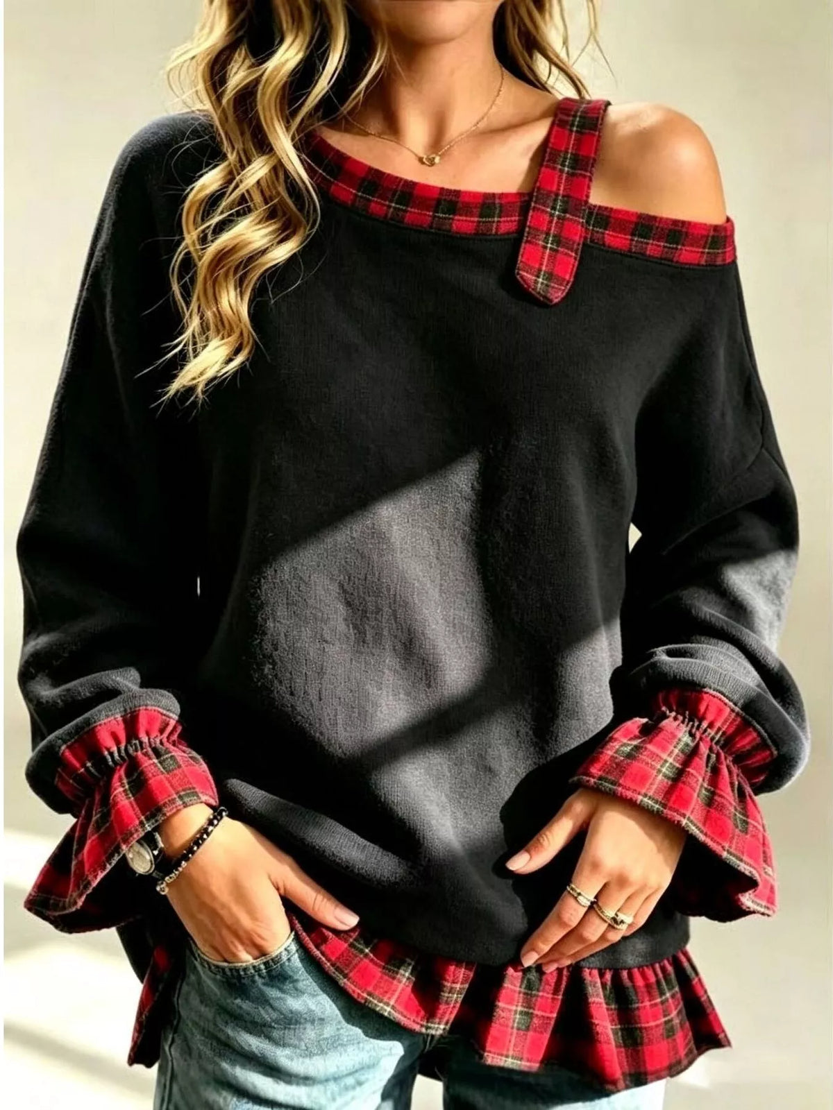 Full Size Cold-Shoulder Plaid Patchwork Long Sleeve Top Plus Size - Black - View 1