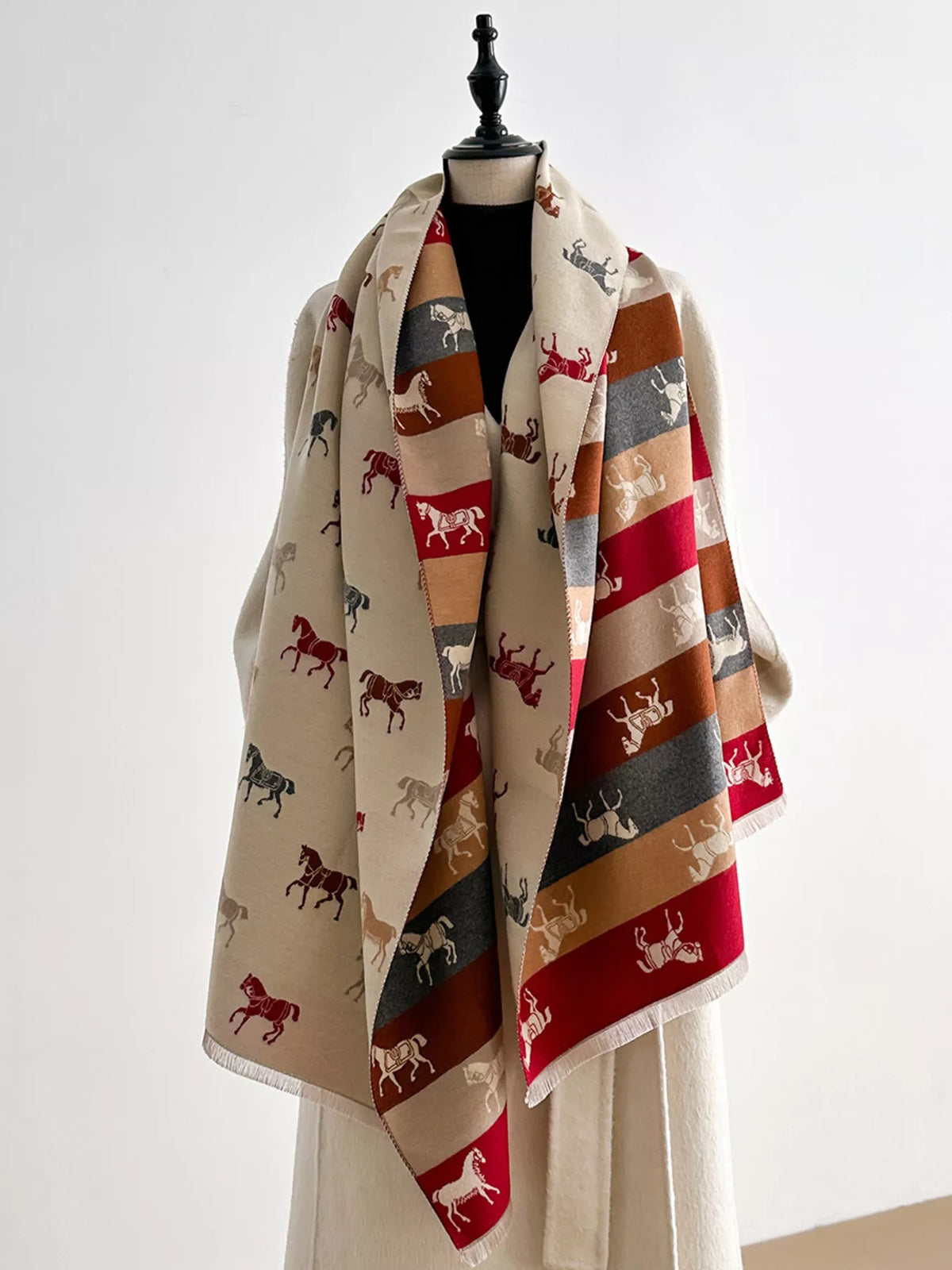 Horse Print Raw Hem Scarf - Beige - View 3