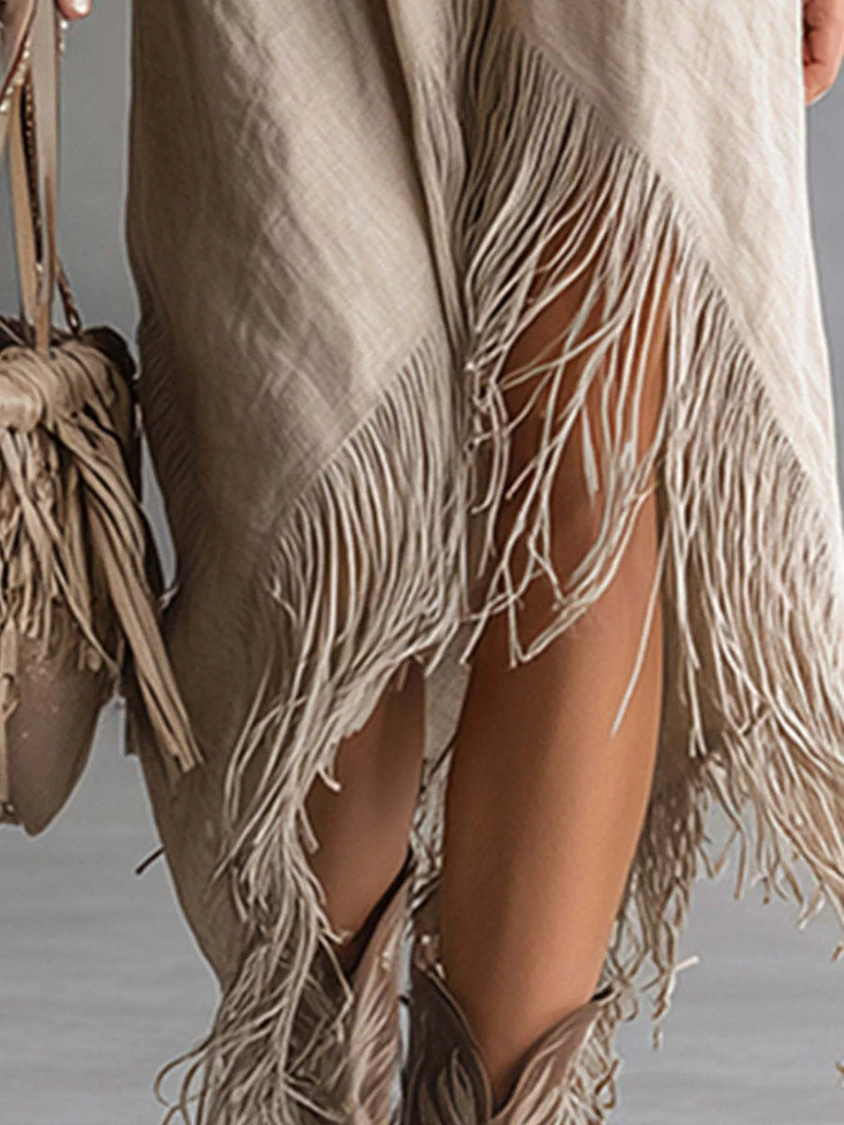 Zipper-Front Fringe Hem Midi Dress - Khaki - View 3