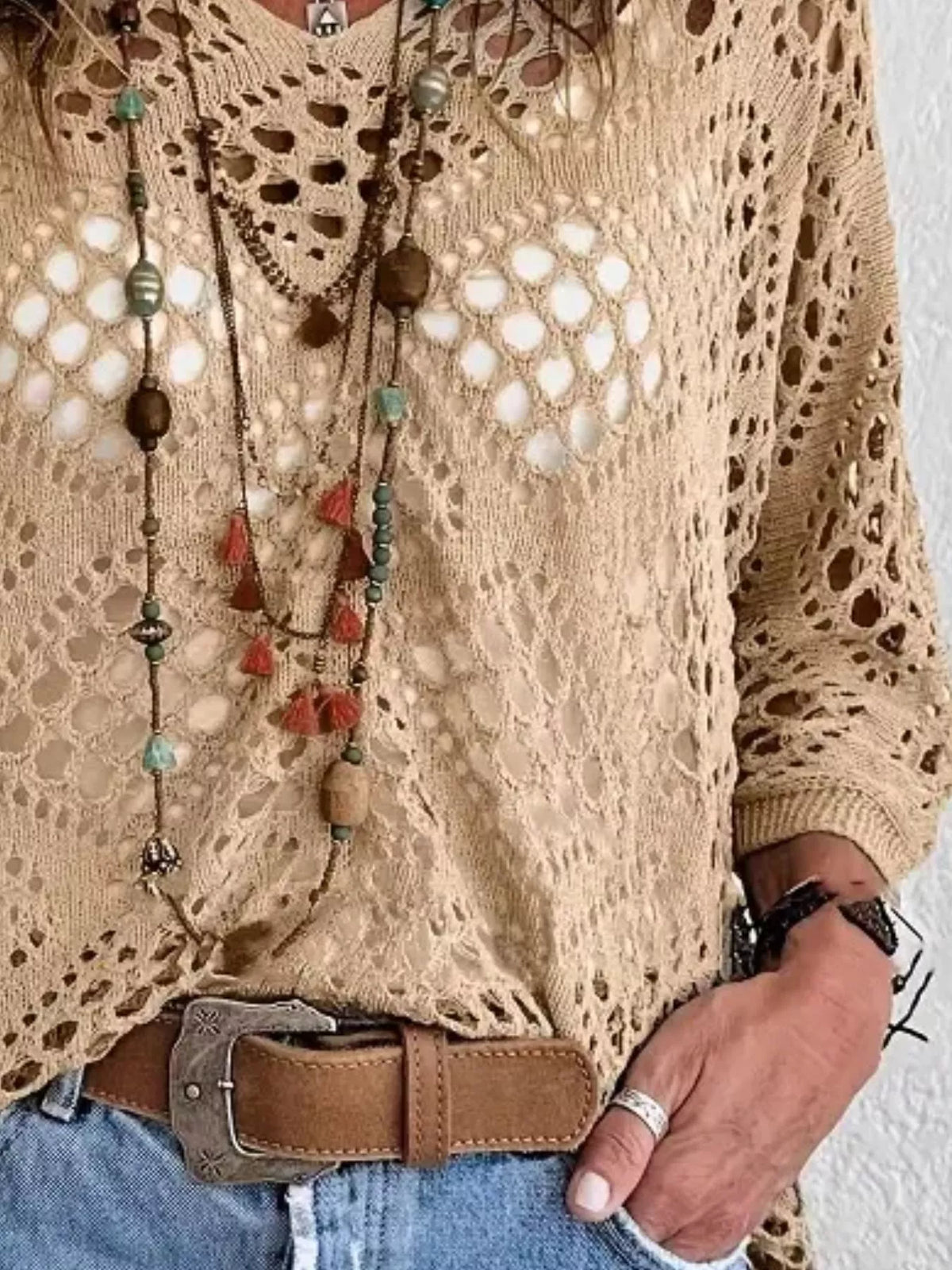 Full Size Hollow Out Crochet Knit Cover Up Plus Size - Apricot - View 2