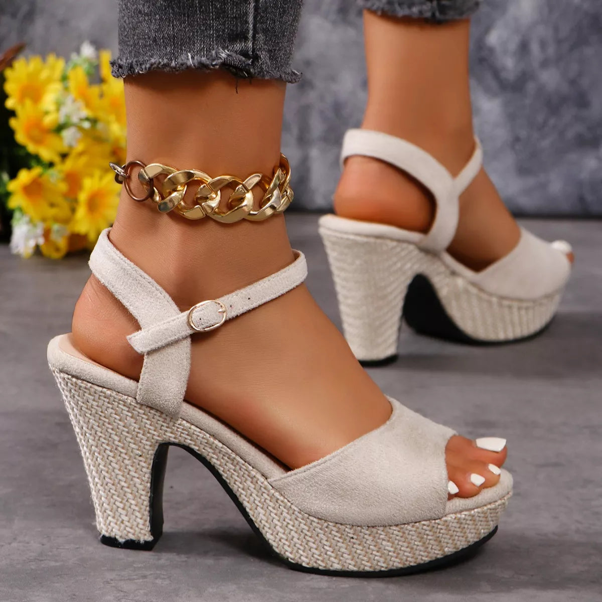Ankle Strap Block Heels Sandals - Cream White - View 6