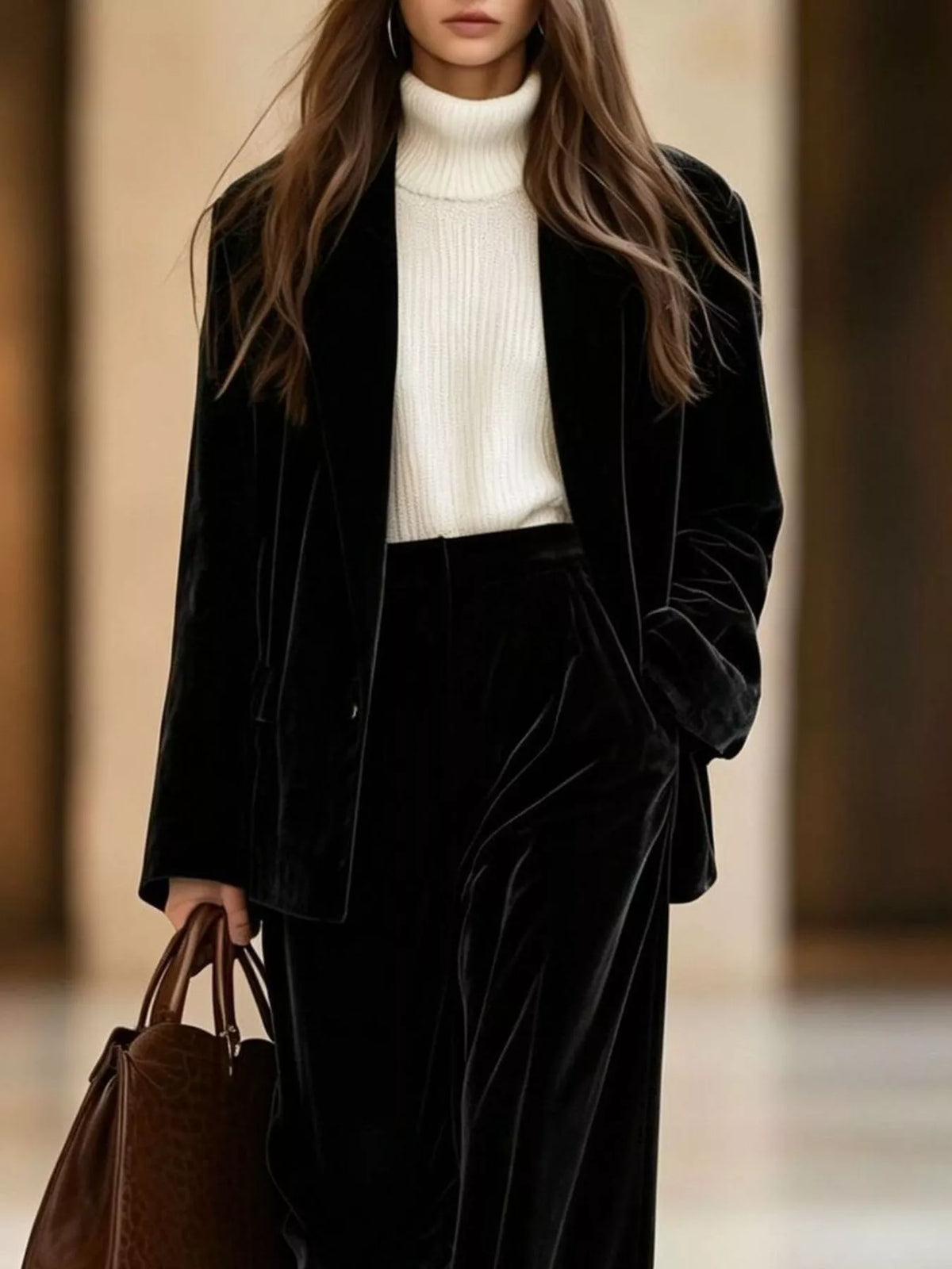 Velvet Blazer and Wide-Leg Pants Two-Piece Set - Black - View 2