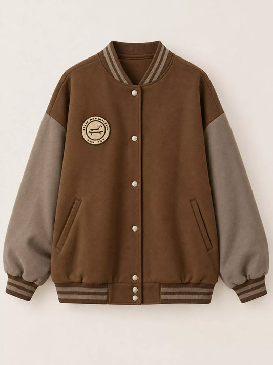 Vintage Color-Block Varsity Bomber Jacket - Light Brown - View 2