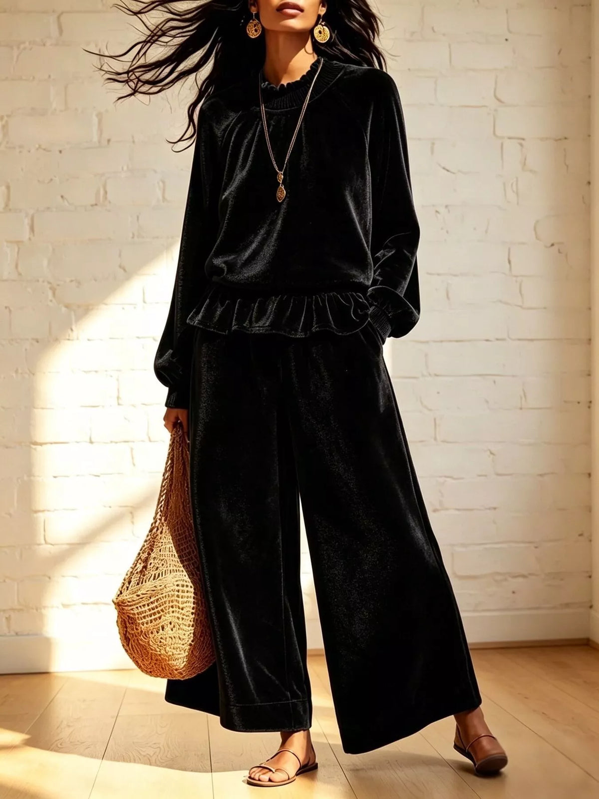 Velvet Peplum Top and Wide-Leg Pants Set - Black - View 1