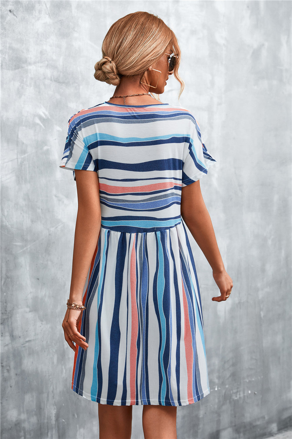Striped Round Neck Dress - Navy - View 13