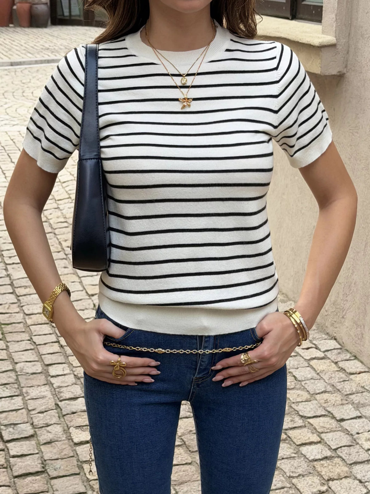 Striped Short-Sleeve Knit Top - Black - View 3