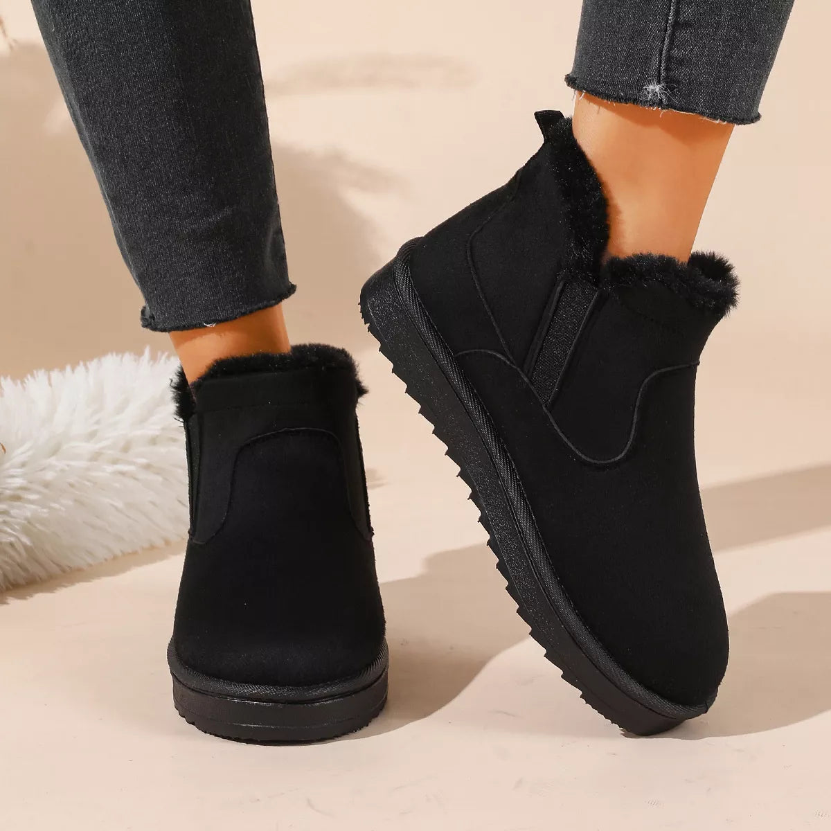 Plush Lined Winter Ankle Boots - Black - View 3